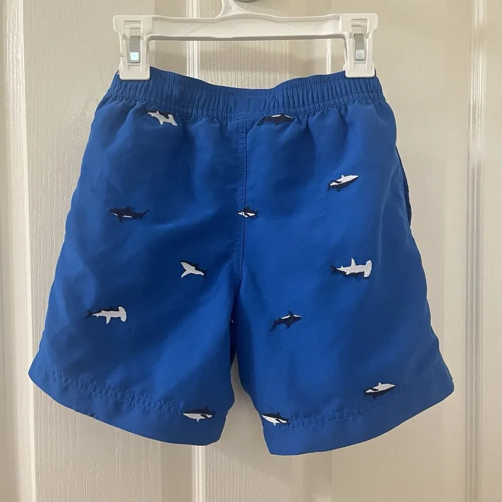 Hanna Andersson Blue Embroidered Sharks Swim Trunks Shorts Boys Size 120 US 6-7